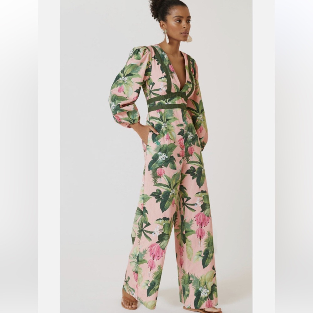 Farm Rio X Anthropologie Pink Green Palm Tree Deep V Jumpsuit XL